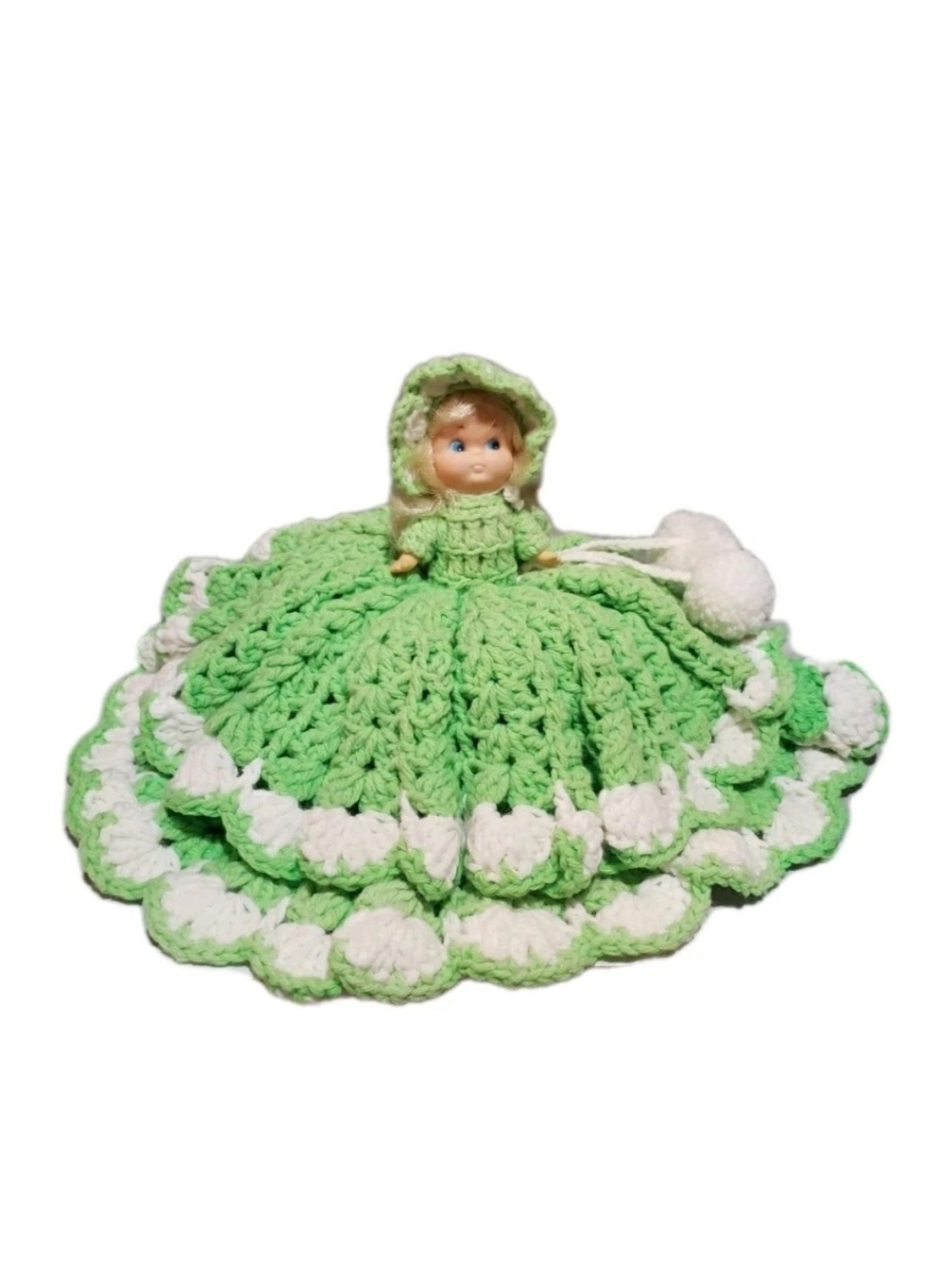 Vtg Crochet  Bed Pillow Dresser Doll Storage Shelf Sitter Green White
